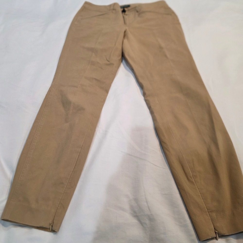 Lauren Ralph Lauren Ankle Pants Womens 4 Tan Excellent Slim Stretch Zip Hem